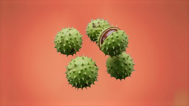 Green horse chestnuts in prickly burrs falling through the air in slow motion, set against a warm coral red studio backdrop. Ideal for autumn sale commercials, seasonal food branding, nature promotion