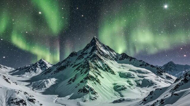 Mountains under northern lights in the night sky with stars shining brightly