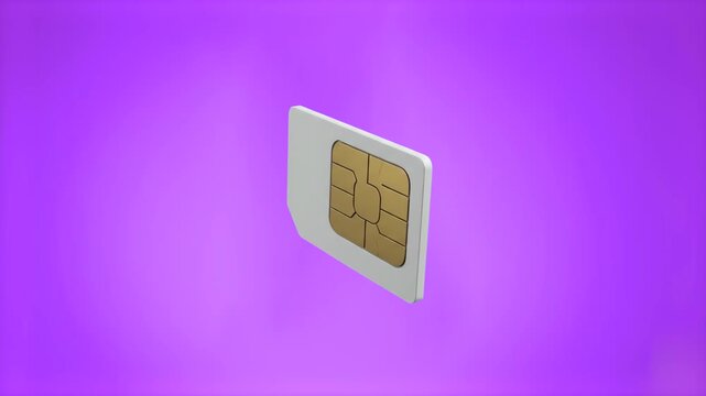 A clean 3D animation of a standard mobile network SIM card with its golden electronic chip floating and rotating against a vibrant purple background. This modern visual asset is optimized for telecom 
