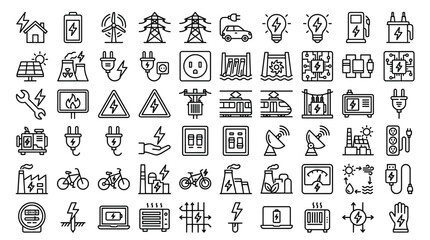 Electricity and energy line icons, set of 60 power industry vector symbols, renewable green energy and electrical infrastructure outline graphics © Iconify Studio