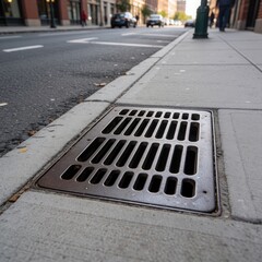 Fototapeta premium Metal storm drain grate on urban sidewalk, rainy street drainage