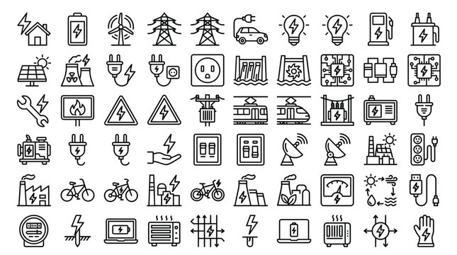 Electricity and energy line icons, set of 60 power industry vector symbols, renewable green energy and electrical infrastructure outline graphics