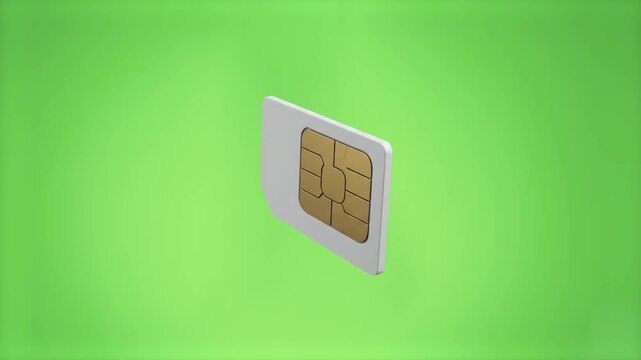 A realistic 3D model of a smartphone SIM card with a metallic microchip, isolated on a solid green screen background for effortless compositing. Perfect for tech promo videos, mobile plan advertisemen