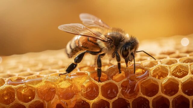 Close up of a honeybee collecting golden honey from detailed honeycomb in nature
