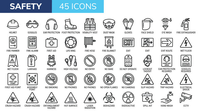Industrial safety icons set, 45 personal protective equipment line symbols, occupational health and safety vector graphics for construction and workplace