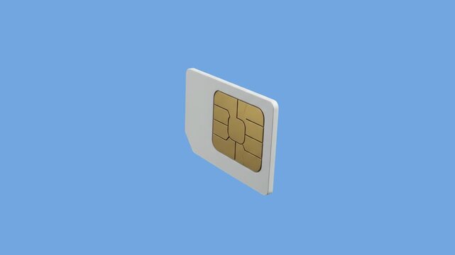 A clean 3D animation showing a standard mobile network SIM card with its golden electronic chip rotating against a solid light blue background. This modern visual asset is optimized for telecom market