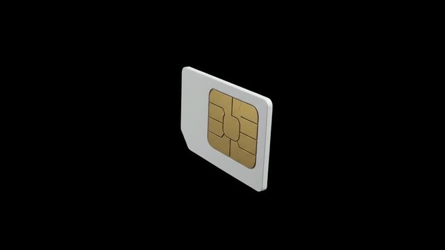 A detailed 3D model of a standard mobile phone SIM card with a golden chip floating and rotating in space against a solid black background. This clip is ideal for telecommunications advertisements, ce