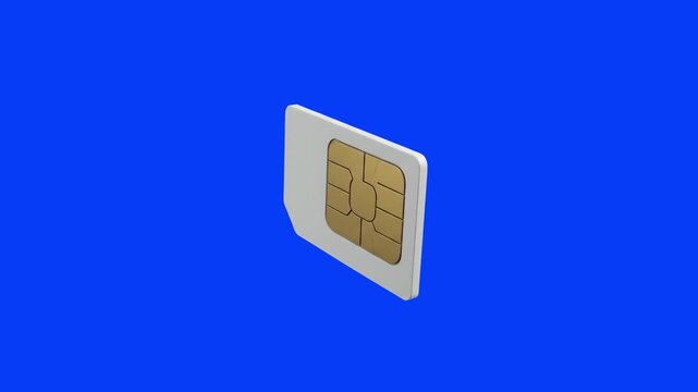 A detailed 3D model of a mobile phone SIM card with a golden microchip, isolated on a solid chroma key blue background. Ideal for telecommunications, mobile connection, data roaming, cellular technolo
