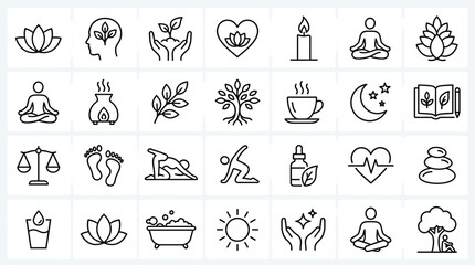 Fototapeta premium Minimalist wellness icon set, 28 yoga and meditation line icons, zen lifestyle vector symbols for spa and mental health branding