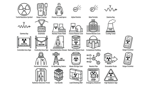 Nuclear radiation safety icons set, 28 black line vector elements for radioactive hazard and power plant security, industrial atomic energy symbols
