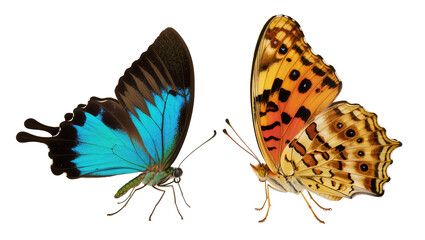 Isolated two vibrant colorful butterflies, one blue and one orange, showing intricate wing patterns © Oisin