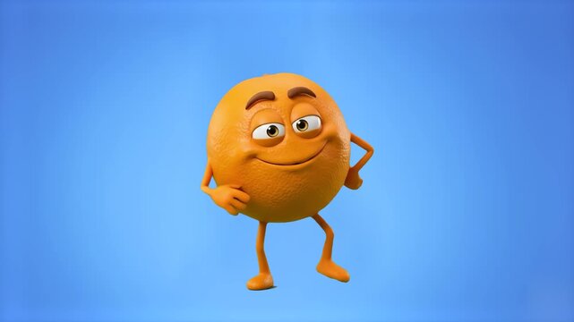 A smiling 3D cartoon orange fruit mascot dancing rhythmically, set against a bright blue studio backdrop. Great for citrus drink commercials, vitamin C supplement ads, fresh fruit promotions, and colo