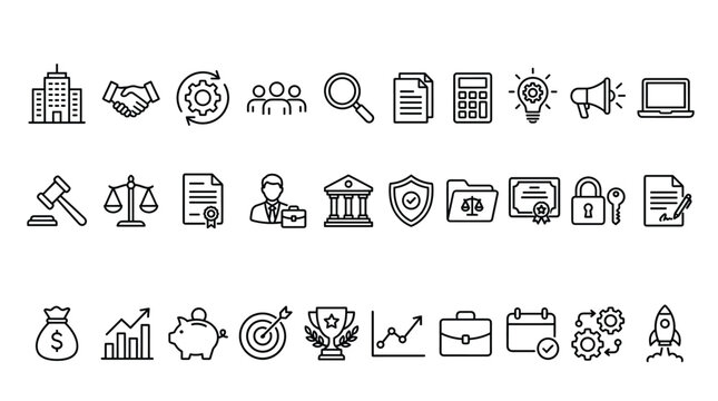 Minimalist business line icons set, professional corporate web elements vector, 30 thin outline symbols for finance and legal services