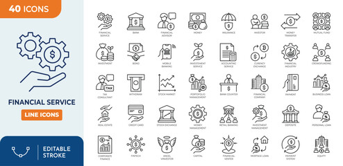 Financial Service icon set. Containing banking, advisor, money, insurance, Insurance, Credit, and more. Editable stroke. Vector illustration