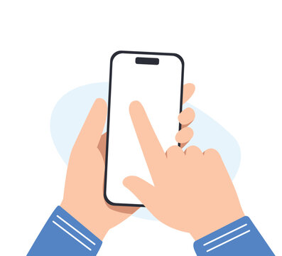 Hand Touching Smartphone Screen with Mobile Device Interaction Flat Vector Illustration.