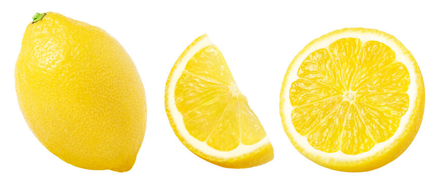 Collection of lemon fruits without shadow isolated. Whole juicy lemon, half of lemon fruit and sliced section of lemon isolated.