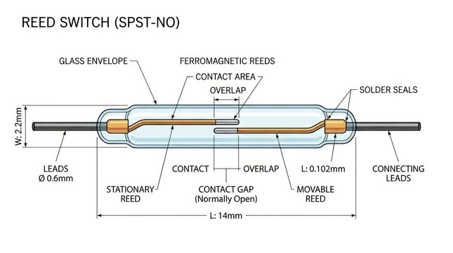 Detailed diagram of an SPST-NO reed switch, highlighting ferromagnetic reeds and contact area.