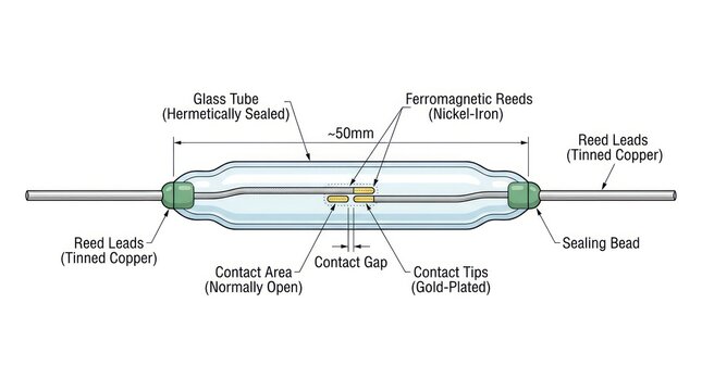 Technical diagram of a reed switch showing glass tube ferromagnetic reeds and contact gap.