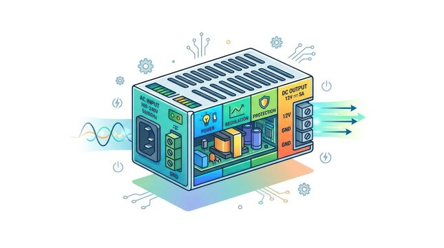 Power supply unit illustration showing internal electronic components and ac to dc conversion.