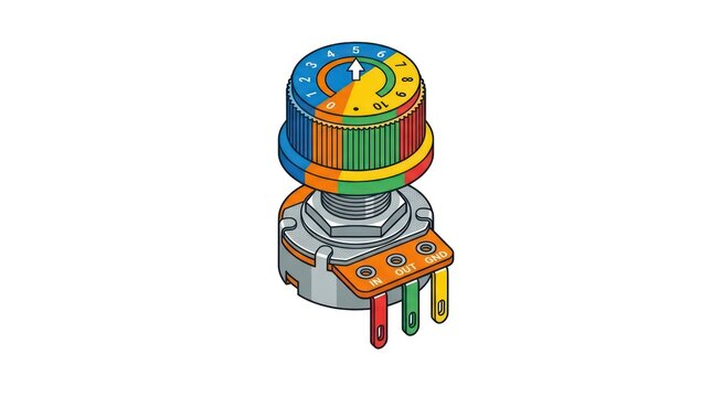 A colorful potentiometer with a dial and wires for electronic applications.