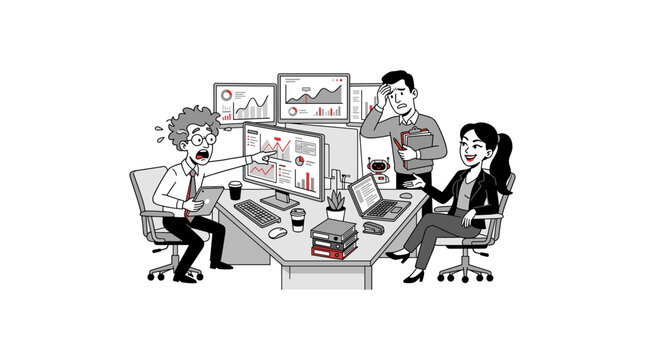 Data analyst team experiencing technical stress while monitoring complex financial dashboards.