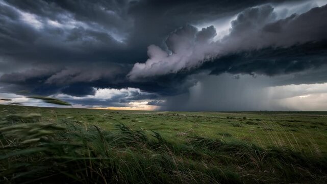 Watch a powerful supercell storm forming over a vast green prairie with dark swirling clouds