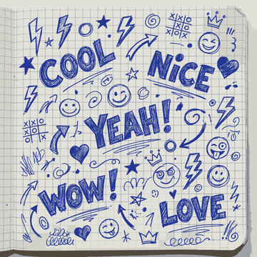 Hand drawn blue doodles on graph paper with words cool nice yeah wow love and symbols