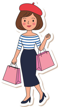 Parisian woman sticker illustration with beret, striped shirt and shopping bags