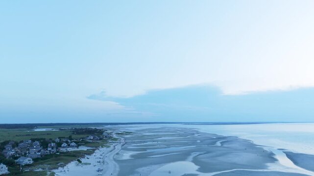 4K drone video of a Cape Cod beach and ocean during summer. Mayflower Beach, Massachusetts, MA, USA.
