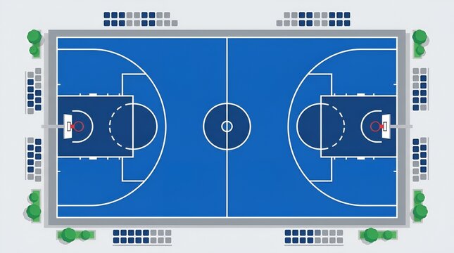 Blue Basketball Court Aerial View with Seating and Trees - Sports Venue Layout