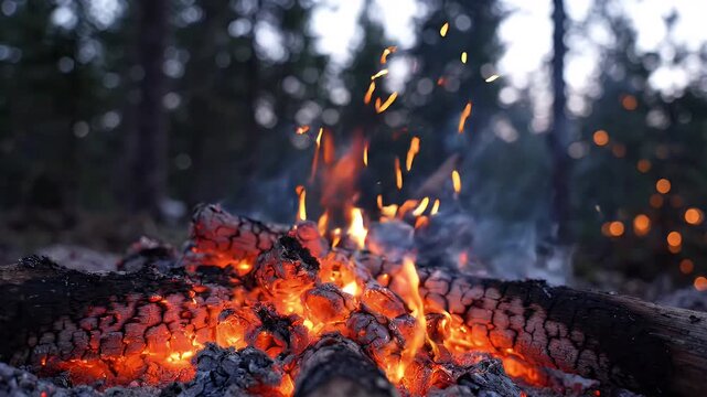 Campfire Embers Glow Mysteriously in Misty Dark Pine Forest Atmosphere