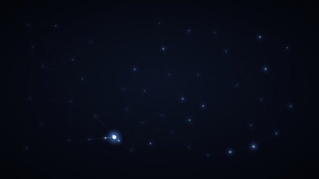 Abstract artificial intelligence network with glowing nodes, pulsing connections, sequential data flow, electric blue links, dark technology background, and seamless looping digital animation.