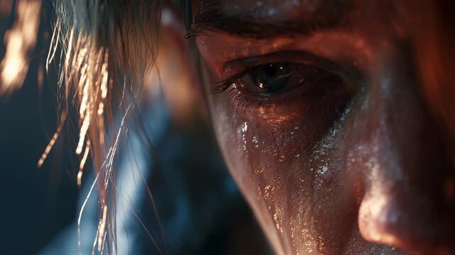 Emotion shows sadness and loss in a close view of a person's face with tears running down