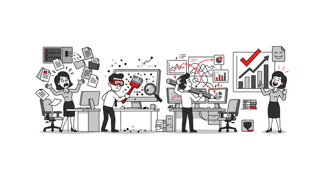 Efficient data management process from chaotic input to clear analytical results.