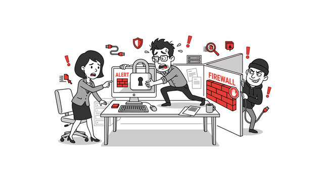 Cybersecurity breach alert, hacker attempts to bypass firewall protection.