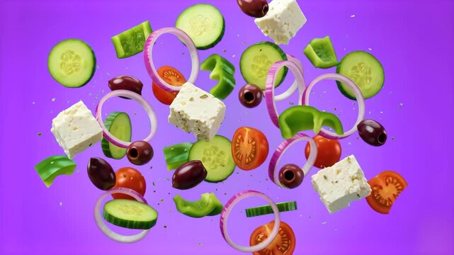 Fresh Greek salad ingredients featuring cucumber, feta cheese, olives, tomatoes, bell peppers, and red onion rings flying and suspended in mid-air on a bright purple background. Perfect for modern cul