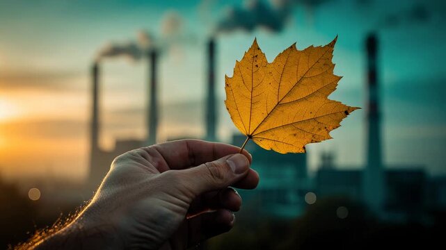 A hand gently holding a fragile autumn leaf with a smoky factory backdrop in fall season