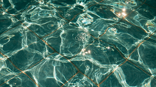 Aqua blue ceramic pool tiles with sun reflections macro