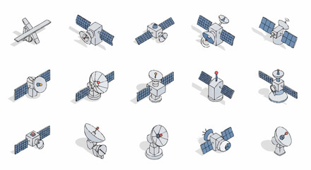 Collection of satellite and spacecraft icons in isometric style. © Syakilla