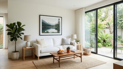 Fototapeta premium Modern living room with white sofas and large windows