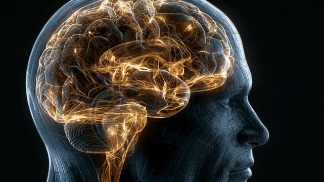Human head with bright brain highlights exploring new ideas in neurology, neuroscience, and artificial intelligence

