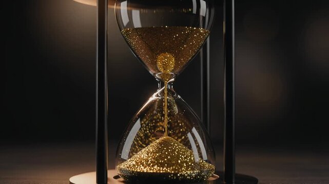 Close up of sleek hourglass with sparkling golden sand flowing gracefully in elegant timepiece