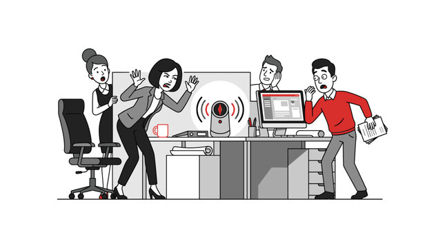 Business team members react in alarm to loud alarm sound from office device.