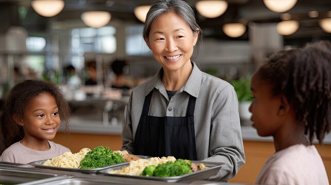 Two children take food from a smiling woman in a cafeteria with a bright environment around noon