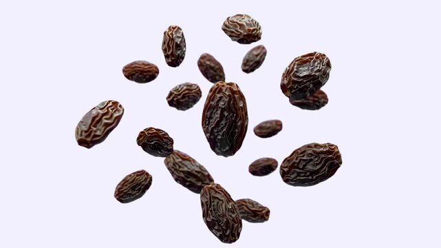A cluster of dark dried raisins floating mid-air against a clean white background. Perfect for healthy food packaging graphics, snack brand promotional videos, culinary tutorials, and dietary nutritio