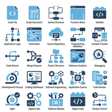 Software Development Icons: Coding, Programming, Workflow, Data Analysis