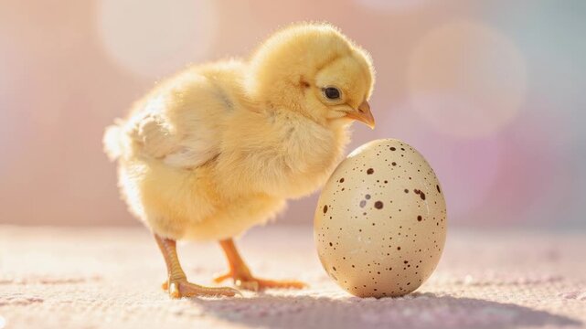 Fluffy yellow chick exploring a speckled egg on soft textured surface in natural light