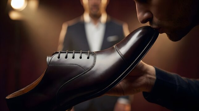 Man intently smelling a luxurious polished dark brown leather oxford shoe, showcasing exquisite craftsmanship and high quality.