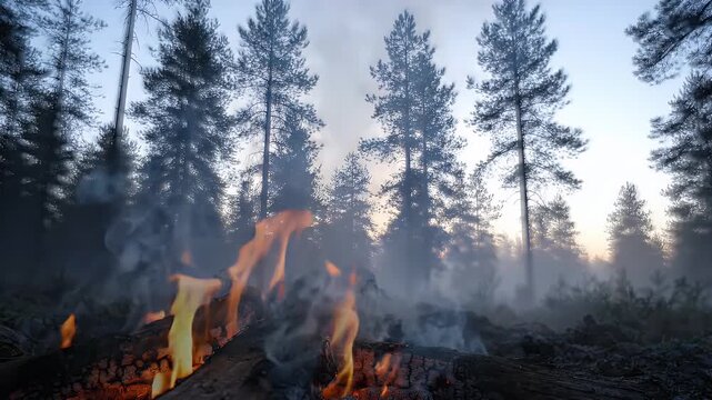 Campfire Smoke Curls into Misty Forest at Sunrise Cinematic Slow Motion