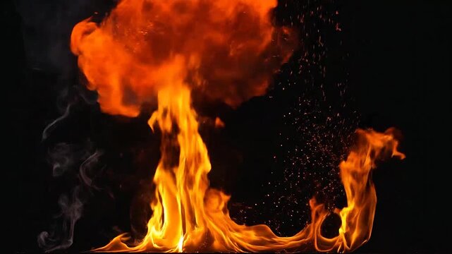A bright orange fire burns intensely against a dark background